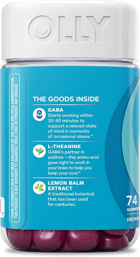 OLLY Goodbye Stress Gummy, GABA, L-Theanine, Lemon Balm, Stress Relief Supplement, Berry - 74 Count