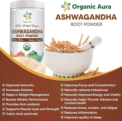Certified Organic Ashwagandha Root Powder 8Oz -1/2Lb. Enhances Overall Health. 100% Pure Natural Herbal Supplement. No GMO. Gluten Free. Raw, Fresh and Original Withania somnifera.