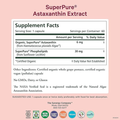 PURE SYNERGY SuperPure Astaxanthin Extract | Organic Astaxanthin from Algae with Sunflower Lecithin | Antioxidant Support for Skin and Eye Health (60 Capsules)