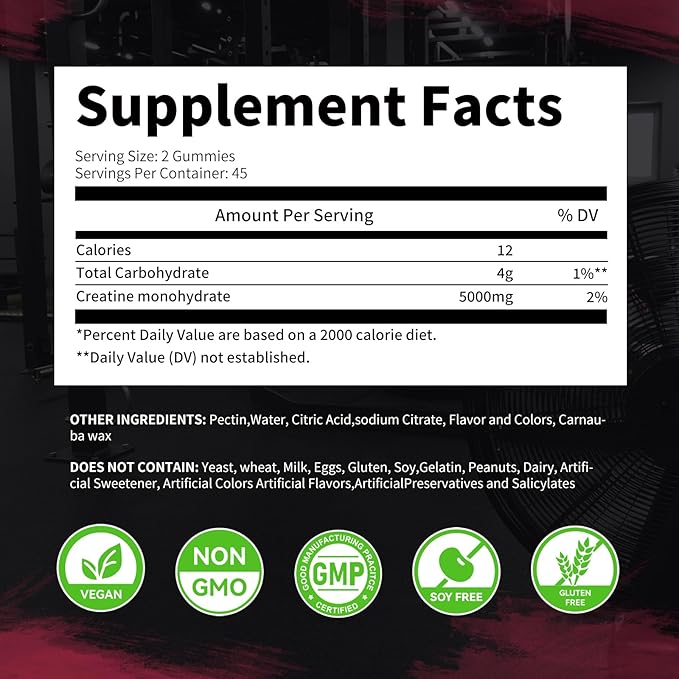 Creatine Monohydrate Gummies 5000mg for Men & Women, Chewables Creatine Monohydrate for Muscle Strength, Muscle Builder, Energy Boost, Pre-Workout Supplement-90 WatermelonGummies
