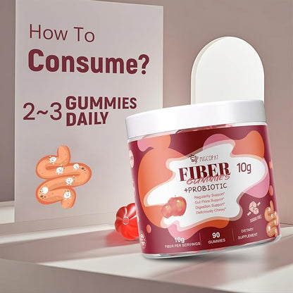 Fiber Gummies with Probiotics,10G Fiber per Serving No Sugar Added Apple Flavor, with 10 Billion CFU Probiotics Blend, Apple Cider Vinegar, Vitamin C, Inulin, Bloating Support 90 Count