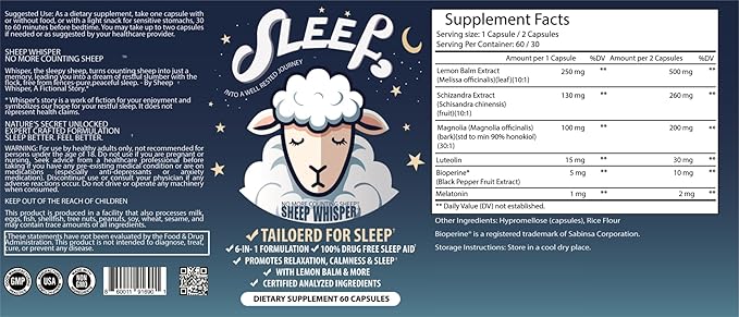 Natural Sleep Aid Tailored for Sleep – Melatonin, Lemon Balm, Magnolia Bark, Schizandra, Luteolin | Promotes Quick Sleep, Deeper Sleep, Fewer Night Awakenings, Non-Habit Forming, 60 Caps