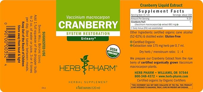 Herb Pharm Certified Organic Cranberry Liquid Extract for Urinary Tract Support - 4 Ounce