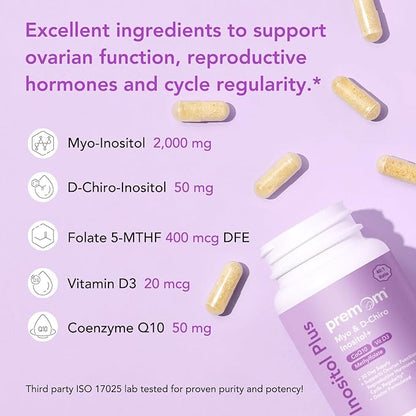 Premom Inositol Plus - 2000mg Myo-Inositol & 50mg D-Chiro Inositol, CoQ10, Folate & Vitamin D3-40:1 Ratio - Supports Hormonal Balance, Ovarian & Reproductive Health - 30 Day Supply