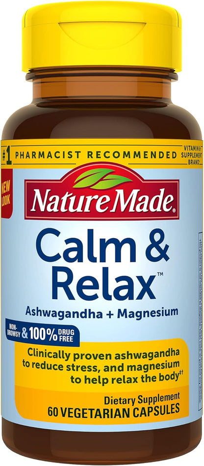 Nature Made Calm & Relax with 300mg Magnesium and 125mg Ashwagandha for Stress Relief, 60 Veggie Capsules