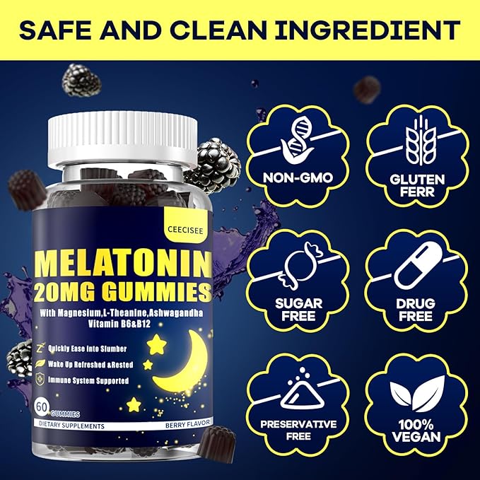 Melatonin 20mg Gummies for Women Men: Sugar Free Melatonin Supplement Extra Strength with Ashwagandha L-Theanine Magnesium Turmeric Vitamin D3 & B6 &B12 - Non-Habit Forming(60Count)
