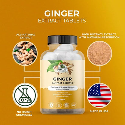 Ginger Root Extract Tablets 200 mg - 10% Gingerols, 20 mg per Tablet, 30 Tablets