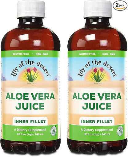 Lily Of The Desert Organic Aloe Vera Juice 2-Pack – Inner Fillet, Natural Gut & Digestive Support, Stomach Relief, 32 Fl Oz Ea