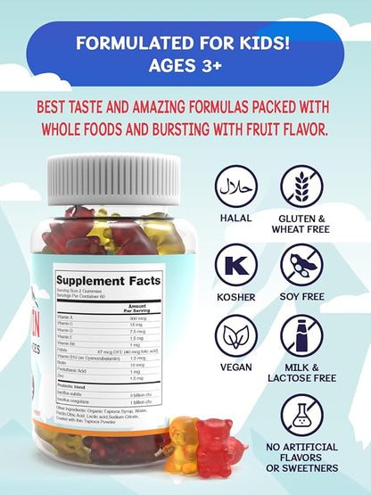 Sakoon nutrition Kids Multivitamin Gummies with Probiotics, 60 Count Raspberry Flavor| Vegetarian, Non-GMO, Gluten Free, Halal Children's Supplement