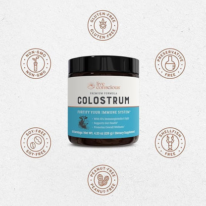 Live Conscious Colostrum Powder - Grass Fed Colostrum Supplement with Lactoferrin for Iron Absorption - Bovine Colostrum an Immune System Supplement