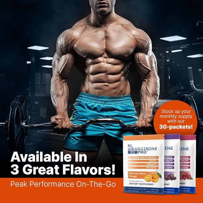 L-ARGININE PRO Supplement Powder | 30 Packets Single Serve Travel Size | 5,500mg of L-arginine Plus 1,100mg L-Citrulline, Orange
