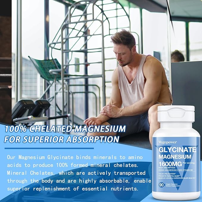 Magnesium Glycinate 200mg with Vitamin B6, 100% Chelated Magnesium Supplements for High Absorption, Magnesium for Sleep, Muscle, Nerve and Bone Health, Gentle On Stomach, Non-GMO, 90 Capsules
