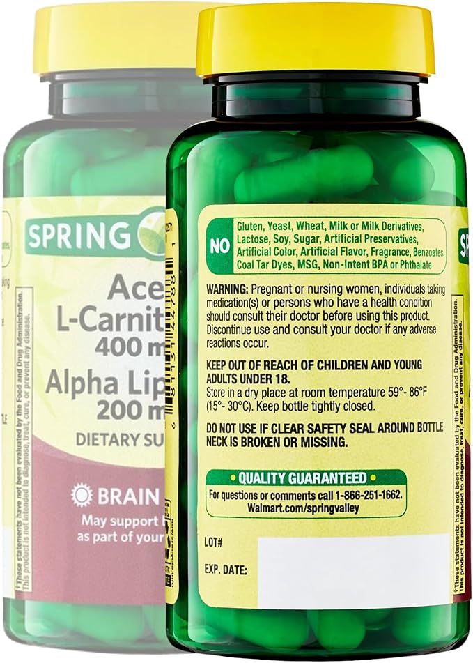 Spring Valley Acetyl L-Carnitine HCI 400 mg + Alpha Lipoic Acid 200 mg Capsules, 50 Count (Pack of 1)