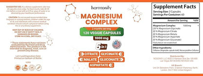 Magnesium Glycinate Citrate Malate Aspartate Gluconate, 5 in 1 Formula, 120 Purified Veggie Capsule, 1000 mg, Gluten Free, Non-GMO, 60 Days Serving