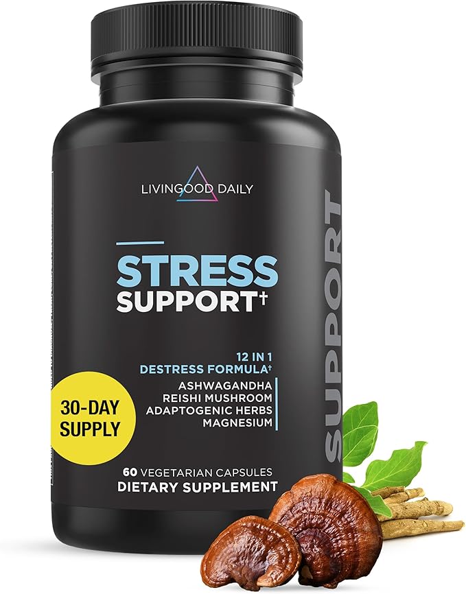 Livingood Daily De-Stress Relief Supplement, 60 Vegetarian Capsules - Reishi Mushroom & Ashwagandha Supplements Support Mood & Brain Function - Non-GMO, Gluten-Free, Allergen-Free, & Vegan
