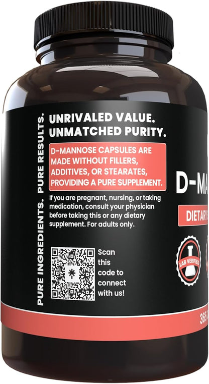 PURE ORIGINAL INGREDIENTS D-Mannose (365 Capsules) No Magnesium Or Rice Fillers, Always Pure, Lab Verified