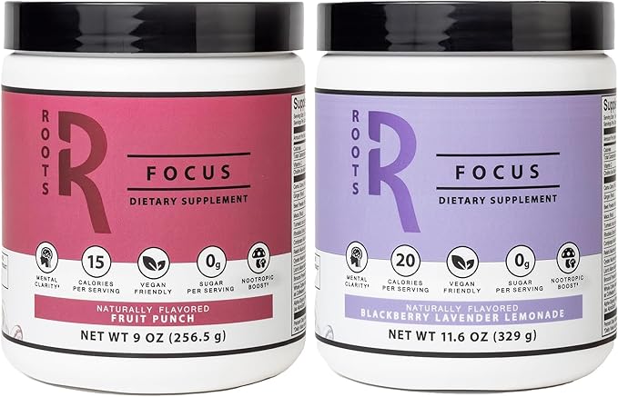 Roots Focus Nootropic Brain Supplement - Fruit Punch & Blackberry Lavender Lemonade- Lions Mane, Cordyceps & Reishi Functional Mushrooms+ Extended-Release Caffeine, 100 Servings