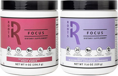 Roots Focus Nootropic Brain Supplement - Fruit Punch & Blackberry Lavender Lemonade- Lions Mane, Cordyceps & Reishi Functional Mushrooms+ Extended-Release Caffeine, 100 Servings