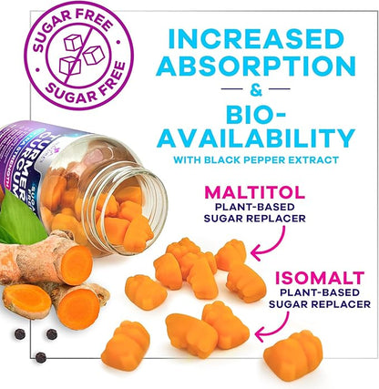 Turmeric Supplement Gummies Sugar Free - Turmeric Curcumin and Ginger Gummies with Black Pepper Extract for High Absorption, Curcumin Gummy for Joint Support, Non-GMO, Gluten Free, 60 Turmeric Gummies