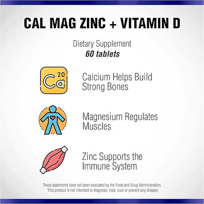 Calcium Magnesium Zinc Vitamin D Supplement 60 Tablets by Natural Systems - Calcium Magnesium Zinc and VIT D Supplements for Strong Immune System - Magnesium Supplement for The Immune System