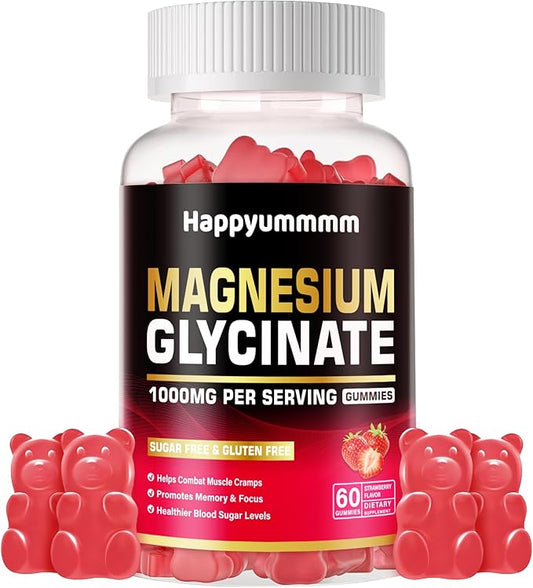 Magnesium Glycinate Gummies 1000mg - Sugar Free Magnesium Potassium Supplement with Vitamin D, B6, CoQ10 for Calm Mood & Sleep Support - 60 Strawberry Gummies.