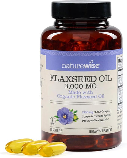 NatureWise Flaxseed Oil 3000 mg, Fish Free Omega 3 with 1500 mg ALA, Dietary Supplement for Immune Health Support - Organic, Cold Pressed, Non-GMO - 90 Softgels[30-Day Supply]
