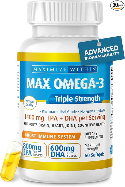 Maximum Slim Max Omega 3 Fish Oil Pills - Triple Strength Fish Oil Supplement (2000 mg Total Omega 3 Fatty Acids: 600mg DHA + 800 mg EPA per Serving)