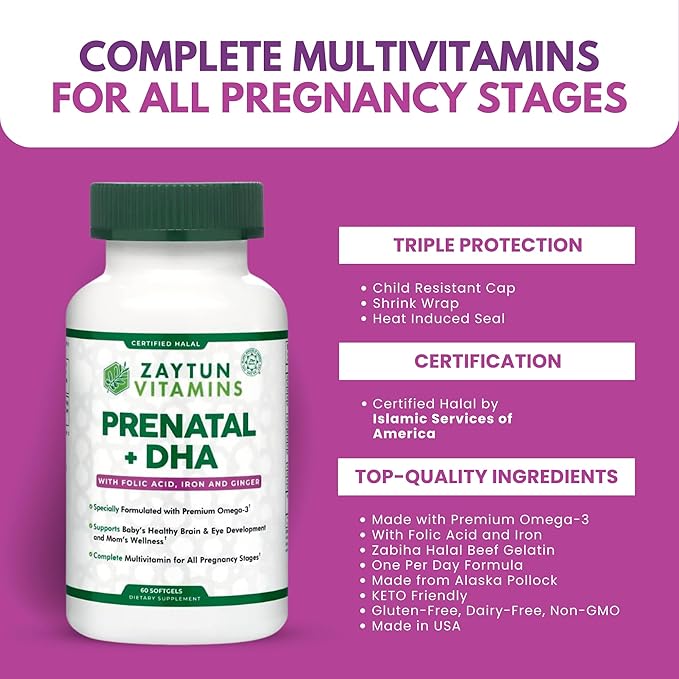 Halal Prenatal Vitamins + DHA, Folic Acid Iron, Ginger for Soothing, One Daily, for All Pregnancy Stages, Gluten Free, Non-GMO, 60 Softgels, 2 Months Supply, USA Made, Halal Vitamins