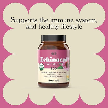 Complete Natural Products Organic Echinacea Root Capsules & Purpurea Root Dried Powder Extract - 600mg 100 Veggie Pills Healthy Herbal Support