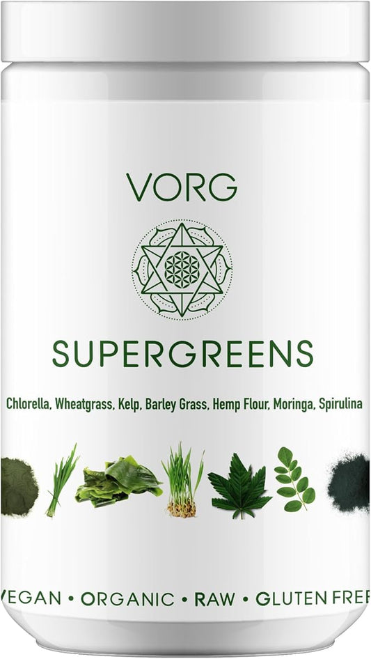 VORG SuperGreens – #1 Organic Green Superfood Powder | Chlorella, Barley Grass, Moringa, Spirulina, Wheatgrass | Probiotics, Digestive Enzymes & Fiber for Energy, Detox & Gut Health (16oz)