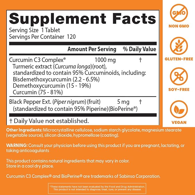 Doctor's Best Curcumin From Turmeric Root with C3 Complex & BioPerine, Benefit the Joints by Helping to Neutralize Free Radicals, Non-GMO, Gluten Free, Soy Free, Joint Support, 1000 mg, 120 Tablets