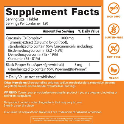 Doctor's Best Curcumin From Turmeric Root with C3 Complex & BioPerine, Benefit the Joints by Helping to Neutralize Free Radicals, Non-GMO, Gluten Free, Soy Free, Joint Support, 1000 mg, 120 Tablets