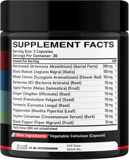 Wormwood Capsules Supplement - Extracted from Black Walnut, Cloves, Turmeric, Apple, Berberine HCl & More - 11 Ingredients combined for Immune System, Body Management & Digestion Health - 60 Capsules