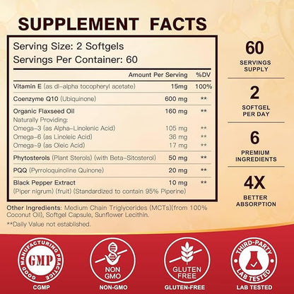 CoQ10 600 mg Softgels CoQ10 Supplement - CQ10 Coenzyme-Q10 with Omega 3 & PQQ & Vitamin E Support Heart & Antioxidant, CoQ10 400mg Softgels, 60 Servings