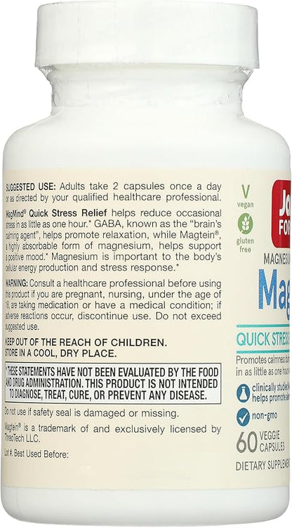 Jarrow Formulas Magnesium L-Threonate, MagMind Quick Stress Relief, Dietary Supplement Featuring GABA, 60 Capsules, Up to a 30 Day Supply