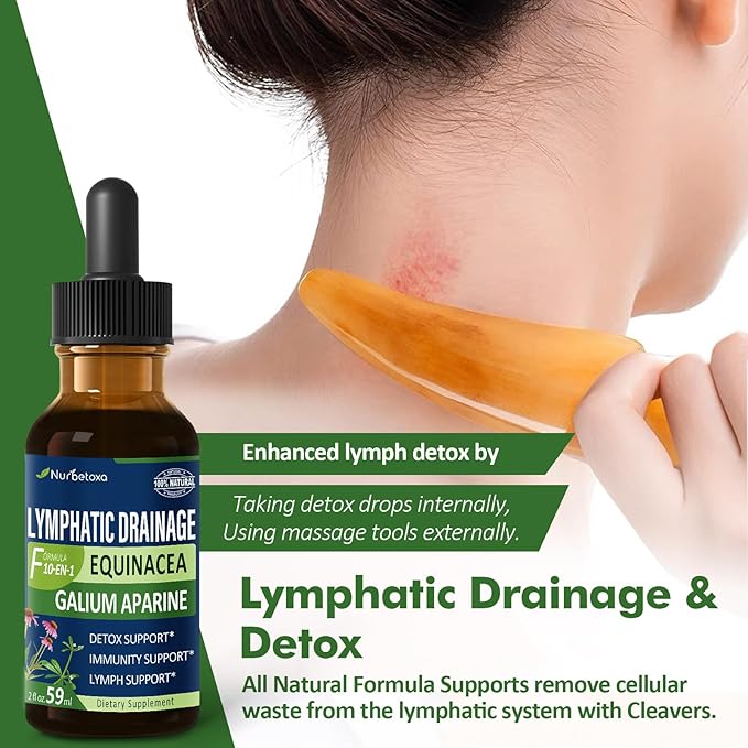 Cleavers Lymphatic Drainage Drops for Lymph Detox Cleanse, Gotas de Equinacea y Diente de Leon para Drenaje Linfatico, Lymphedema Support Formula with Echinacea, Use with Massage Tool. 4oz