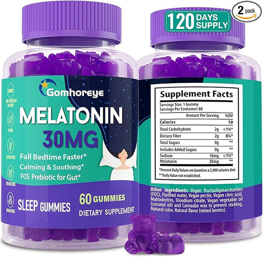 Melatonin Gummies 30mg for Adults - Maximum Strength Melatonin Gummies for Relaxation & Soothing, Exogenous Melatonin Supplement with FOS for Immune, Gut Health and pH Balance, Sugar Free -120 Counts