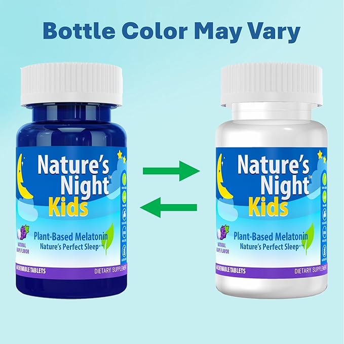Nature's Night Kids | Plant Based Melatonin 1MG | Natural Grape Flavor | 60 Chewable Tablets | Gluten Free | Non-GMO | Drug Free | Vegan | 100% Natural |