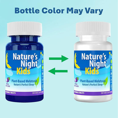 Nature's Night Kids | Plant Based Melatonin 1MG | Natural Grape Flavor | 60 Chewable Tablets | Gluten Free | Non-GMO | Drug Free | Vegan | 100% Natural |