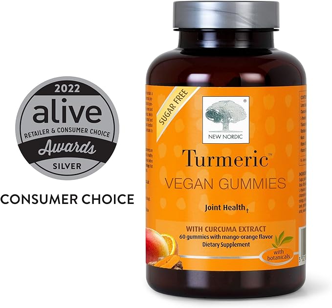 NEW NORDIC Turmeric Curcumin Gummies, Sugar Free, 300 mg Turmeric Supplement for Men and Women, Supports Normally Functioning Joints, Knees, Shoulders, Mango Orange, 60 Count