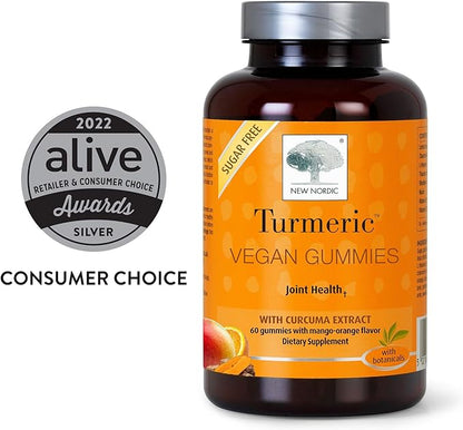 NEW NORDIC Turmeric Curcumin Gummies, Sugar Free, 300 mg Turmeric Supplement for Men and Women, Supports Normally Functioning Joints, Knees, Shoulders, Mango Orange, 60 Count