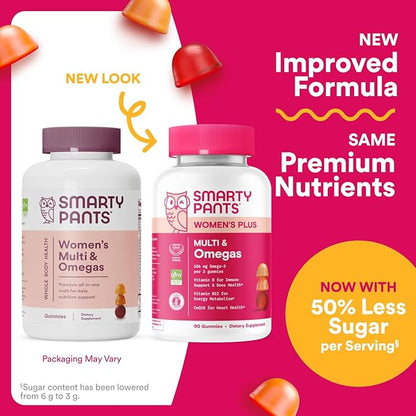 SmartyPants Women's Multivitamin Gummies - Improved Formula: Omega 3 (DHA/EPA), Methylfolate, CoQ10, Vitamin D3, C, Vitamin B12, B6, A, K & Zinc, Inositol, Gluten Free, 90 Count (30 Day Supply)