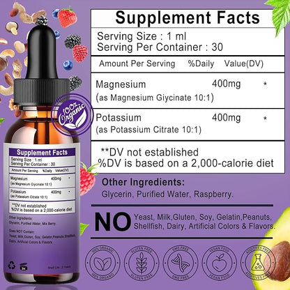 Magnesium Glycinate with Potassium Supplement,Liquid Magnesium Glycinate 500mg Potassium Citrate 500mg, Magnesium Liquid Drops for Vascular, Bone, Heart, Muscle & Nerve Health,Non-GMO,Vegan