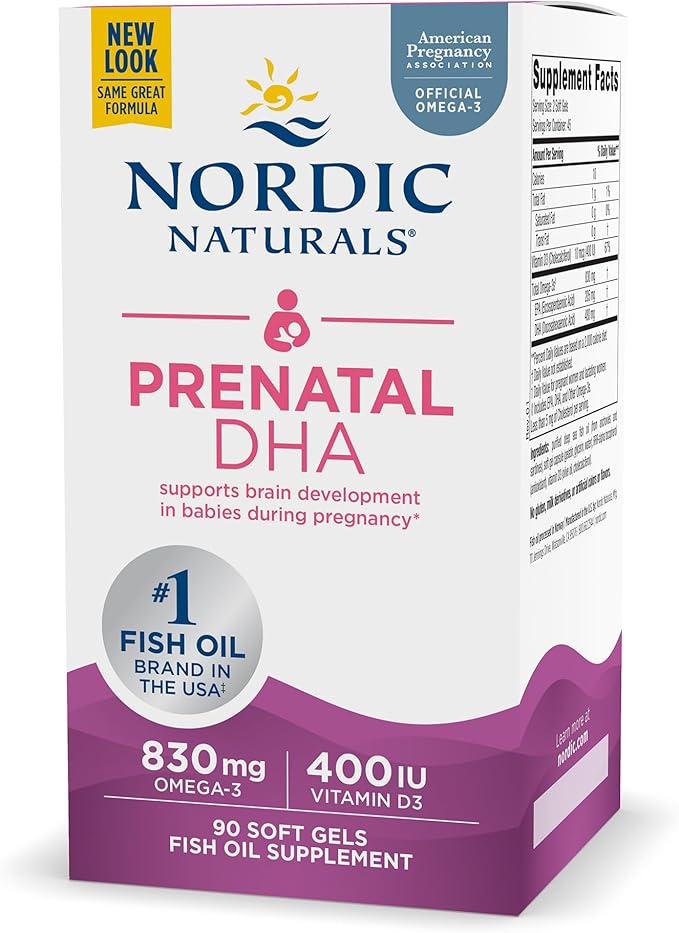 Nordic Naturals Pro Prenatal DHA, Unflavored - 830 mg Omega-3 + 400 IU Vitamin D3-90 Soft Gels - Supports Brain Development in Babies During Pregnancy & Lactation - Non-GMO - 45 Servings