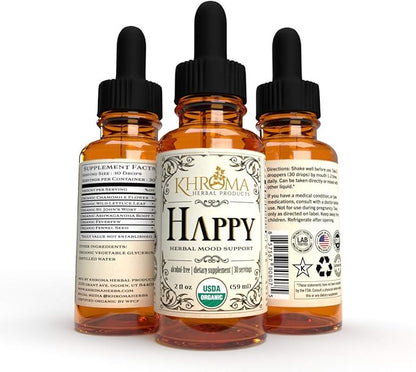 Happy Organic Mood Supplement - by Khroma Herbs - 30 Servings - Made in USA - Packed in a Glass Bottle