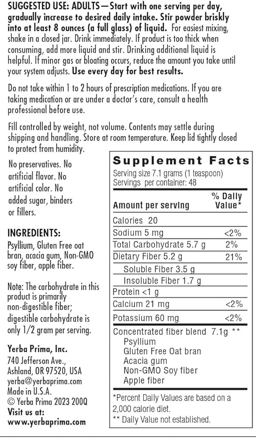 Yerba Prima Daily Fiber Formula Powder - 12 oz - Digestive Support Supplement - Soluble & Insoluble Dietary Fiber Supplement - Vegan, Non-GMO, Gluten-Free
