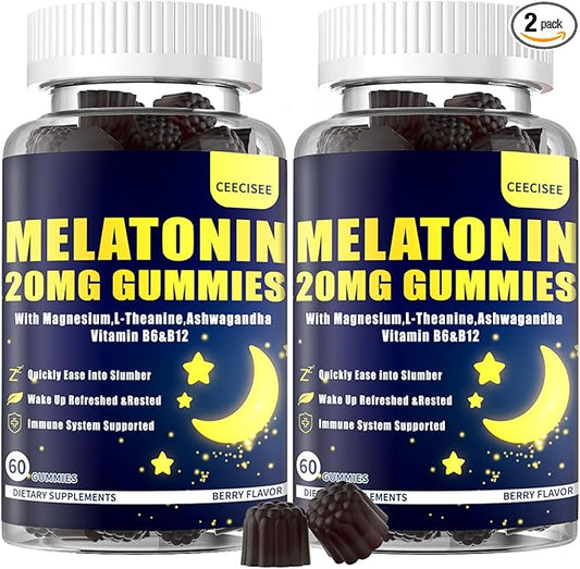 Melatonin 20mg Gummies for Women Men: Sugar Free Melatonin Supplement Extra Strength with Ashwagandha L-Theanine Magnesium Turmeric Vitamin D3 & B6 &B12 - Non-Habit Forming(120Count)