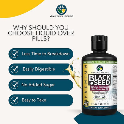 Amazing Herbs Premium Black Seed Oil - Cold Pressed Nigella Sativa Aids in Digestive Health, Immune Support, Brain Function, Joint Mobility, Gluten Free, Non GMO - 32 Fl Oz