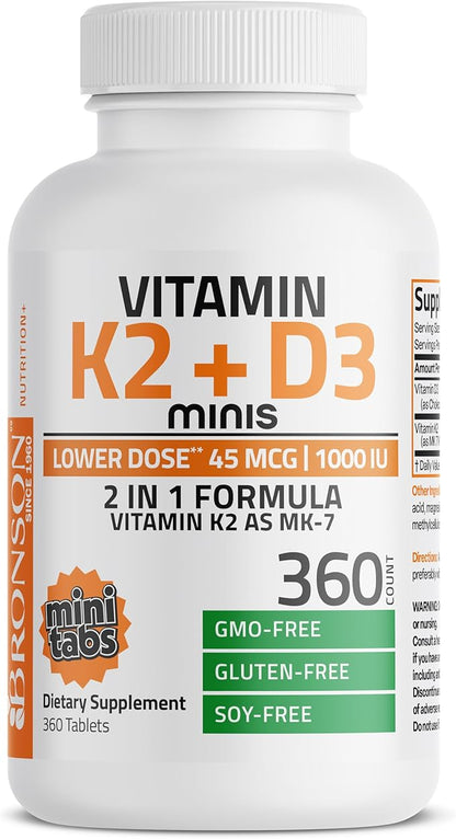 Bronson Vitamin K2 (MK7) with D3 Lower Dose 45mcg Vitamin K2 & 1000 IU Vitamin D3 Easy to Swallow Daily Maintenance 2 in 1 Formula Non-GMO, 360 Mini Tablets