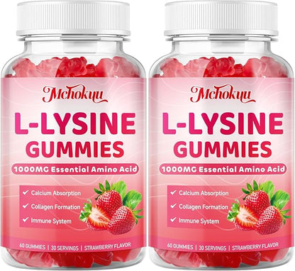 L-Lysine 1000mg Gummies, Chewable Lysine Supplement for Adults & Kids Immune Support, Essential Amino Acid, Vegetarian, Non-GMO, Sugar-Free, Gluten Free, Strawberry Flavor, 120 Counts